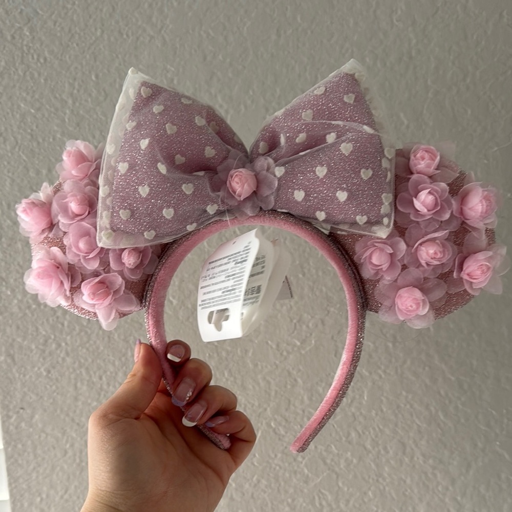 Pink Heart and Rose Minnie Mouse Ears Headband